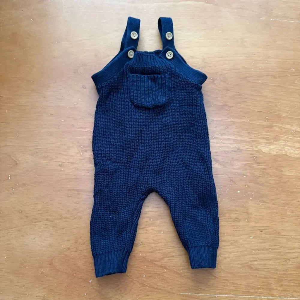 NWT Old Navy Navy Blue Sweater Overalls Romper Knit 0-3 Months Baby Boy Girl